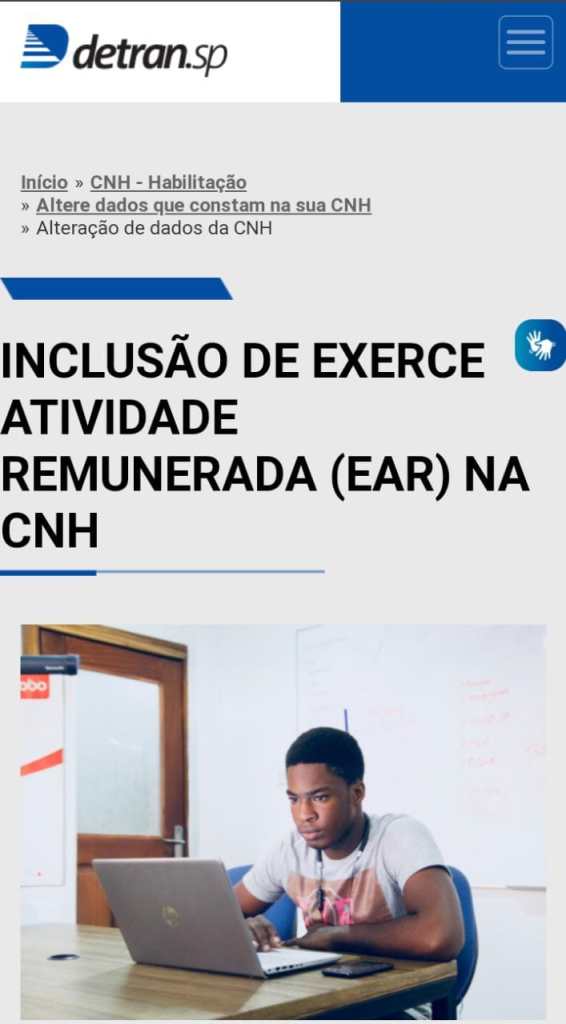 Site do Detran de São Paulo para a emissão do CNH com EAR